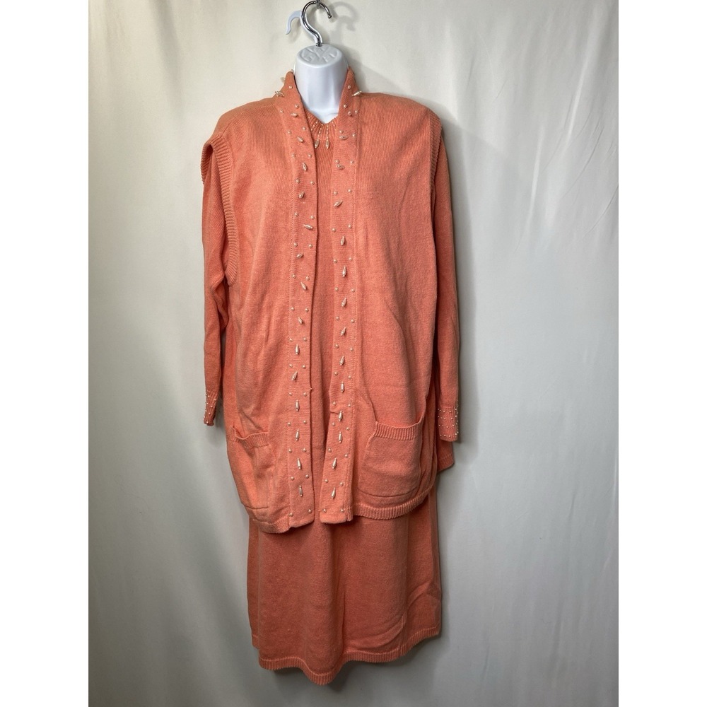 Vintage 80s Cervelle Beaded Easter Sweater Dress With Vest Size Large Peach Warm